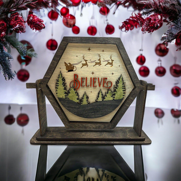 Believe tabletop insert - Christmas decoration with Santa’s Sleigh gliding over trees - 7 Hexagon Interchangeable Frame and/or Insert - My Store