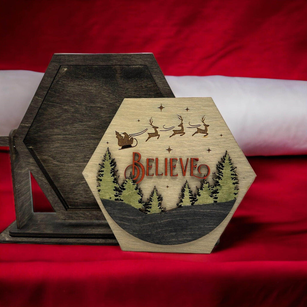 Believe tabletop insert - Christmas decoration with Santa’s Sleigh gliding over trees - 7 Hexagon Interchangeable Frame and/or Insert - My Store